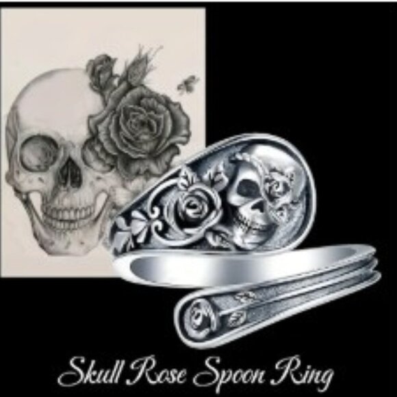 Skull Ghost Head Floral Spoon Ring Open Adjustable Zinc Alloy - Picture 1 of 8